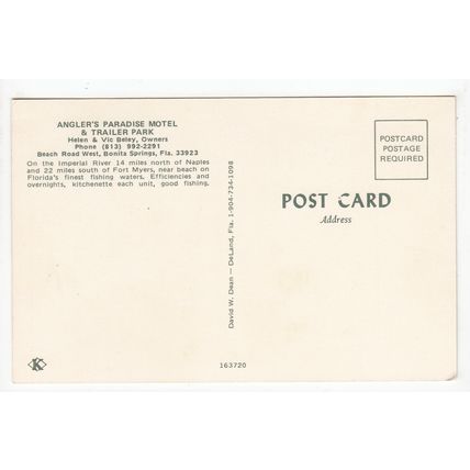 Angler's Paradise Motel & Trailer Park Bonita Springs Postcard Florida USA