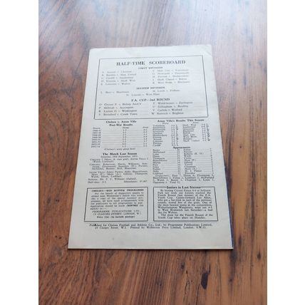 1954/55 Chelsea (Champions) vs Aston Villa, Division 1, 11/12/1954 **FREE P&P**