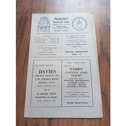 1958/59 Tilbury vs Cray Wanderers - London League - 4/10/58 * FREE P&P *