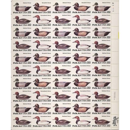 Duck Decoys Stamp Full Sheet of 50 - 20 Cent Postage Stamps Scott 2138-41