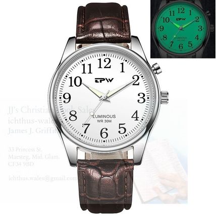 White Electro-Luminescent (Indiglo) Light Up Face Brown Leather Strap Watch
