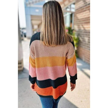 Waffle Knit Color Block Open Front Cardigan