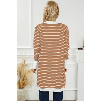 Brown Striped Side Pockets Open Front Cardigan