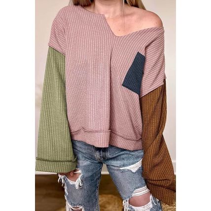 Pink Colorblock Rib Textured Loose Long Sleeve Top