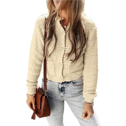 Oatmeal Pearl Buttons Popcorn Textured Sweater Cardigan