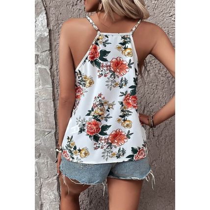 White Floral Print Lace V Neck Tank Top