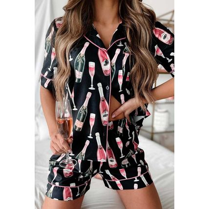 Black Champagne Print Silky Short Sleeve Pajamas Set