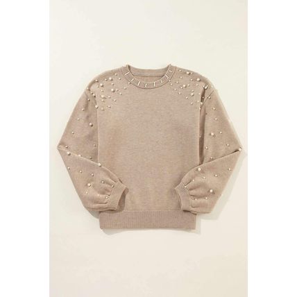 Smoke Gray Pearled Drop Shoulder Round Neck Sweater