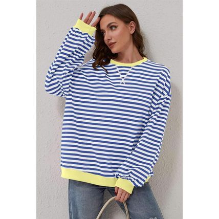 Blue Stripe Oversized Contrast Trim Pullover Sweatshirt