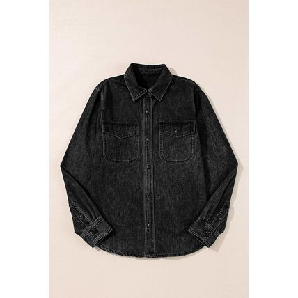 Black Flap Pocket Buttons Collared Jean Jacket