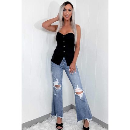 Dusk Blue High Rise Ripped Distressed Hem Flared Jeans