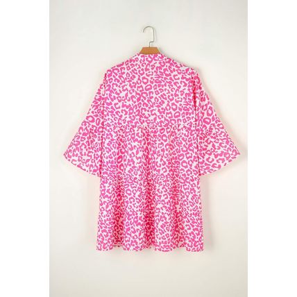 Bright Pink Leopard Printed Long Sleeve Buttoned Front Mini Dress