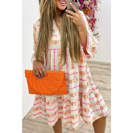 Orange Bohemian Printed Bracelet Sleeve Slit Neck Ruffled Loose Dress
