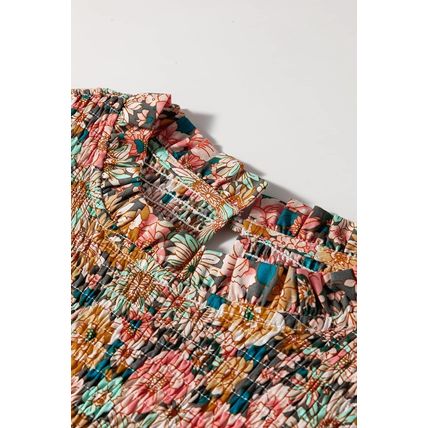 Yellow Floral Print Smocked Bubble Sleeve Ruffled Crop Top