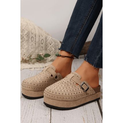 Parchment Rivet Buckle Closed Toe Platform Slippers