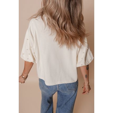 White Stars Stripes Bowknot Graphic Pearled Puff Half Sleeve T Shirt