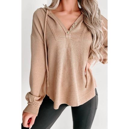 Khaki Buttoned V Neck Drawstring Knit Hoodie