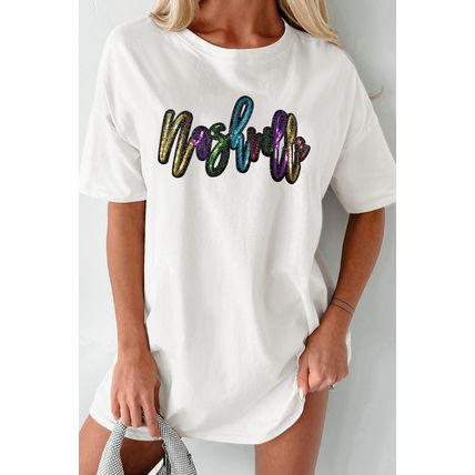 White Colorful Sequin nashville Letter Graphic Tunic Tee