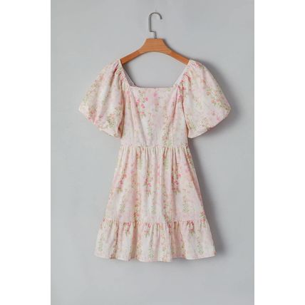 Pink Floral Puff Sleeve Square Neck Knotted Open Back Ruffled Mini Dress