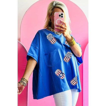 Blue Sequined American Flag Pop Can Pattern Oversized Tee