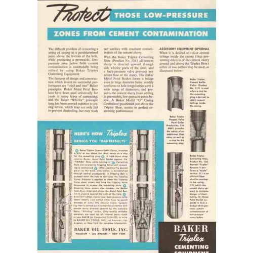 baker oil tools 1950 triplex protect cement contamination vintage ad
