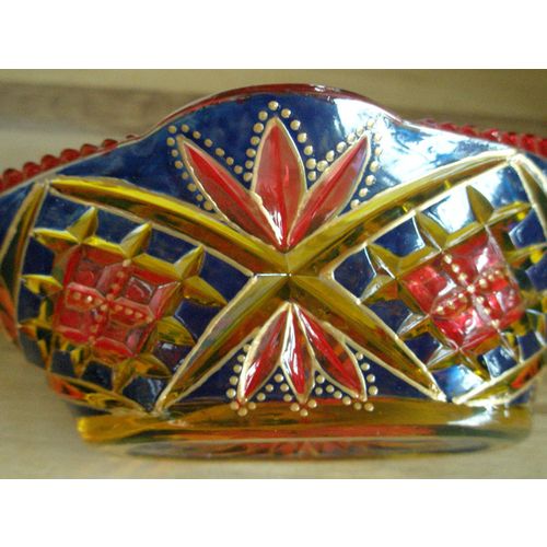 Colourful Hand Painted Cut Glass Dish