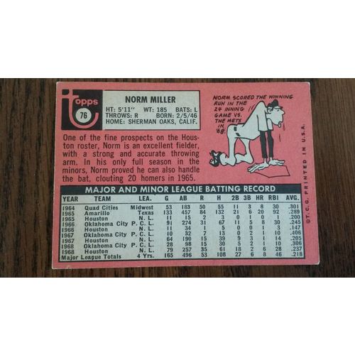 1969 Topps Card # 076 Norm Miller Very Good (3) Houston Astros