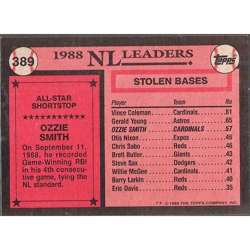 1989 Topps All-Star St Louis Cardinals Ozzie Smith 389