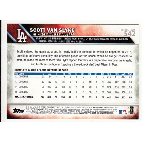2016 Topps baseball card 542 Scott Van Slyke - Dodgers