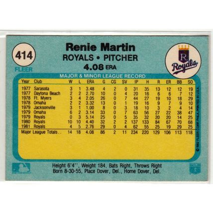 1982 Fleer baseball card 414 Renie Martin– Royals