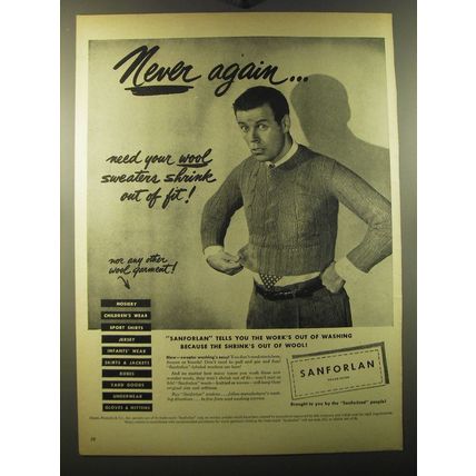 1950 Cluett, Peabody & Co. Sanforlan Fabric Ad - Never again