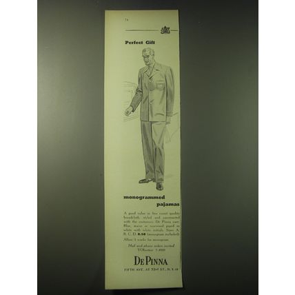 1948 De Pinna Monogrammed Pajamas Advertisement - Perfect Gift