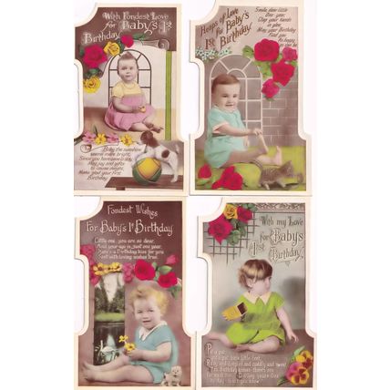 Babys First Birthday 4x Antique Cat Dog Toy Real Photo Shaped Postcard s