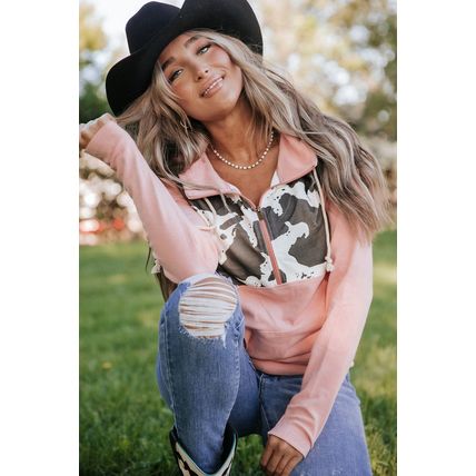 Pink Cow Spots Patchwork Half Zip Drawstring Hoodie