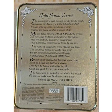 Nabisco Oreo Christmas Cookie Tin 1993 "Unlock The Magic" Santa Mommy & Son
