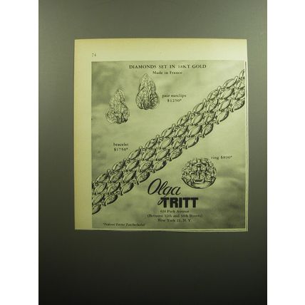 1958 Olga Tritt Jewelry Ad - Diamonds set in 18kt gold