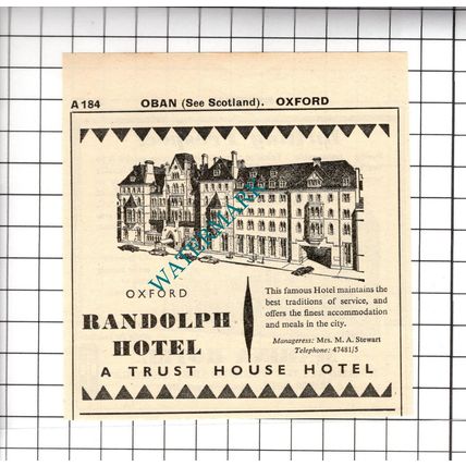 Randolph Hotel Oxford Mrs M A Stewart Small Advert - 1958 Cutting