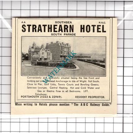 Strathearn Hotel Southsea / Pendragon Hotel Southsea Small Advert - 1958 Cutting