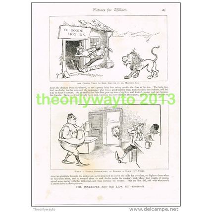 THE INNKEEPER AND HIS LION PET (1), CARTOON HUMOUR, Book Illustration c1895