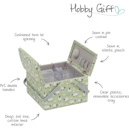 HobbyGift Large Twin Lid Sewing Basket Box - Square - Green Sheep Design