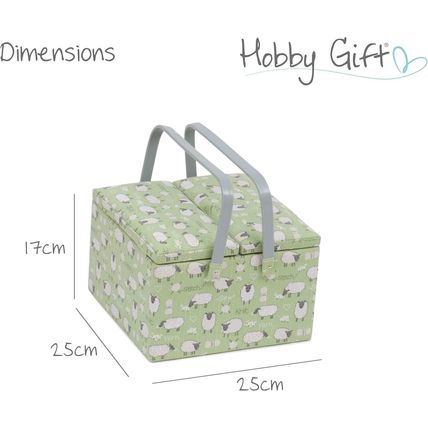 HobbyGift Large Twin Lid Sewing Basket Box - Square - Green Sheep Design