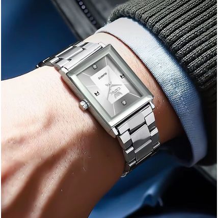 Gents Black Square Face Waterproof Silver Stainless Steel Bracelet Watch BOXED
