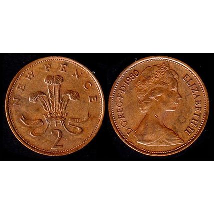 United Kingdom Two New Pence 1980 Feathers Used Coin 2p QE II UK