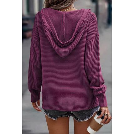 V Neck Ribbed Drop Shoulder Hooded Sweater