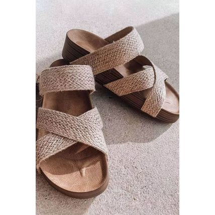 Beige Linen Woven Cross Criss Hollowed Slip-On Slippers