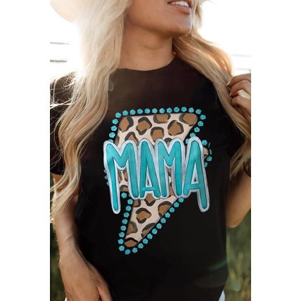 Black Western Fashion MAMA Leopard Lightening Graphic Tee