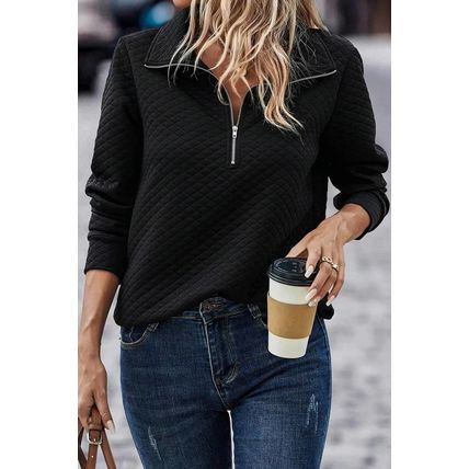 Black Solid Half Zipper Quilted Pullover Sweatshirt