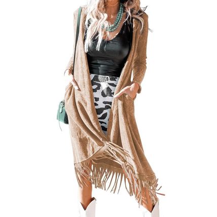 Light French Beige Fringed Hem Pocketed Open Cardigan
