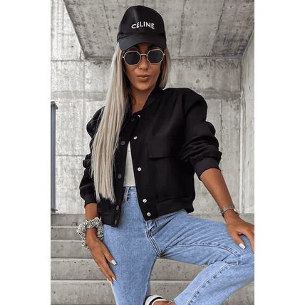 Black Big Pockets Baseball Collar Jacket