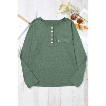 Mist Green Long Sleeve Snap Button Henley Top